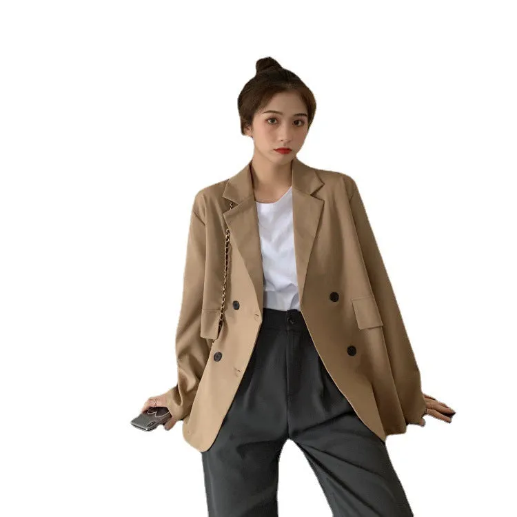 Korean Thin Drape Loose Mid-Length Khaki Popular Long Sleeved Blazer Women Suits Outerwear