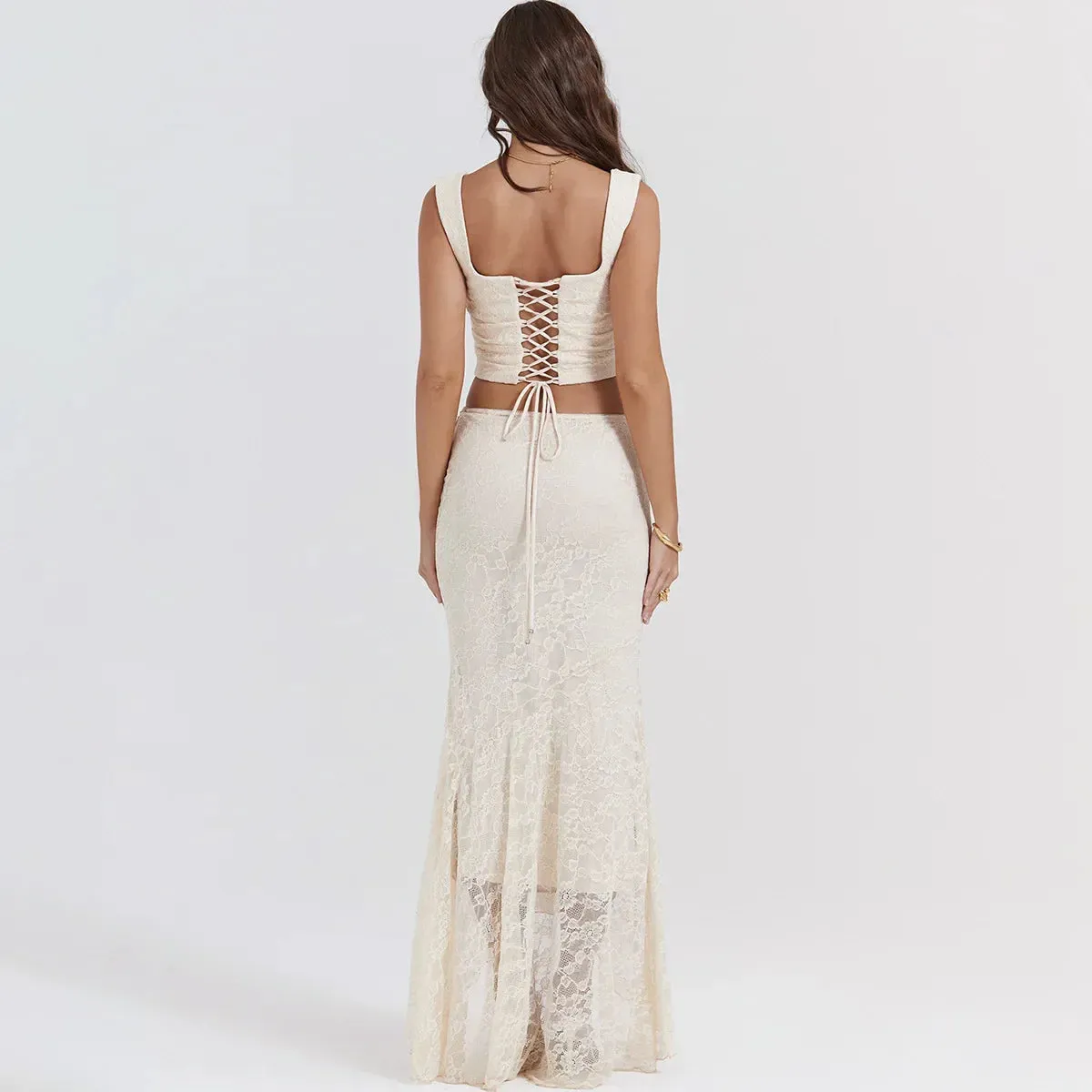 Lace Lace Up Piece Set Two Sexy Slim Maxi Crochet Summer Women Dress