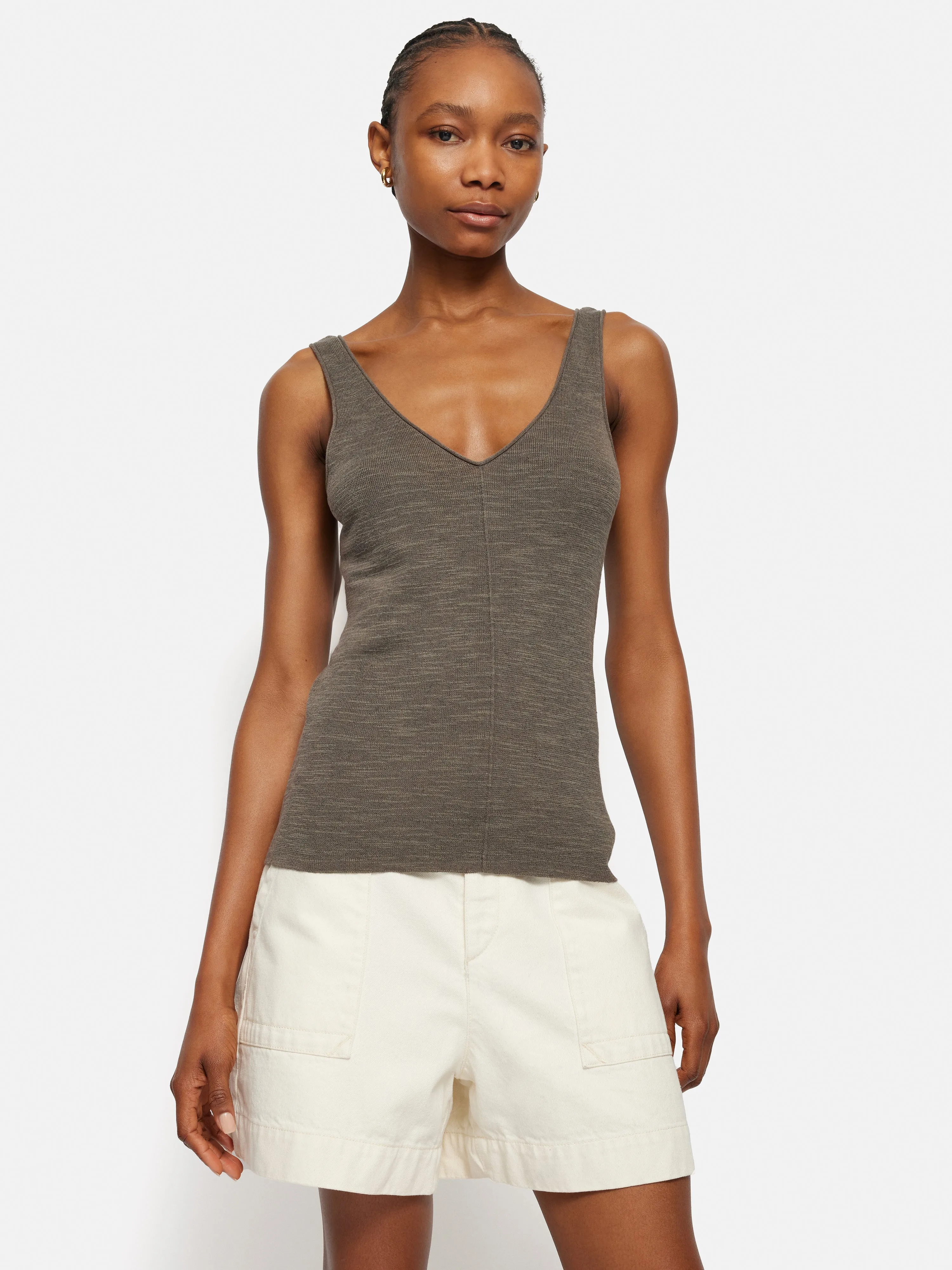 Linen Cotton V Neck Vest | Brown