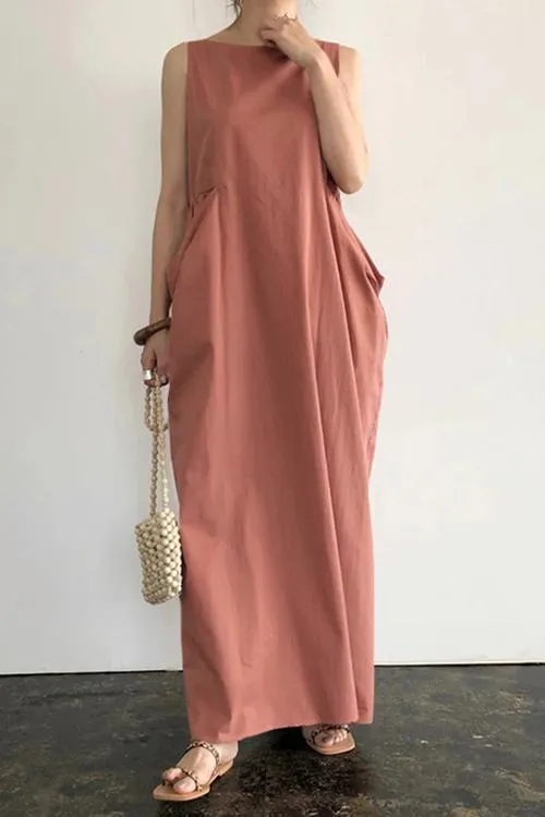 Linen Deep Pockets Sleeveless Maxi Dress