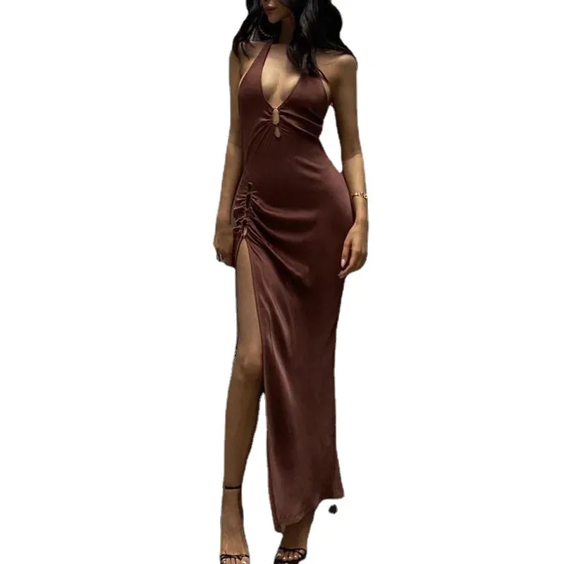 Long Skirt V-neck Maxi Dress with High Slit