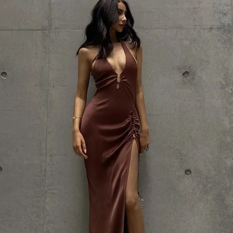 Long Skirt V-neck Maxi Dress with High Slit