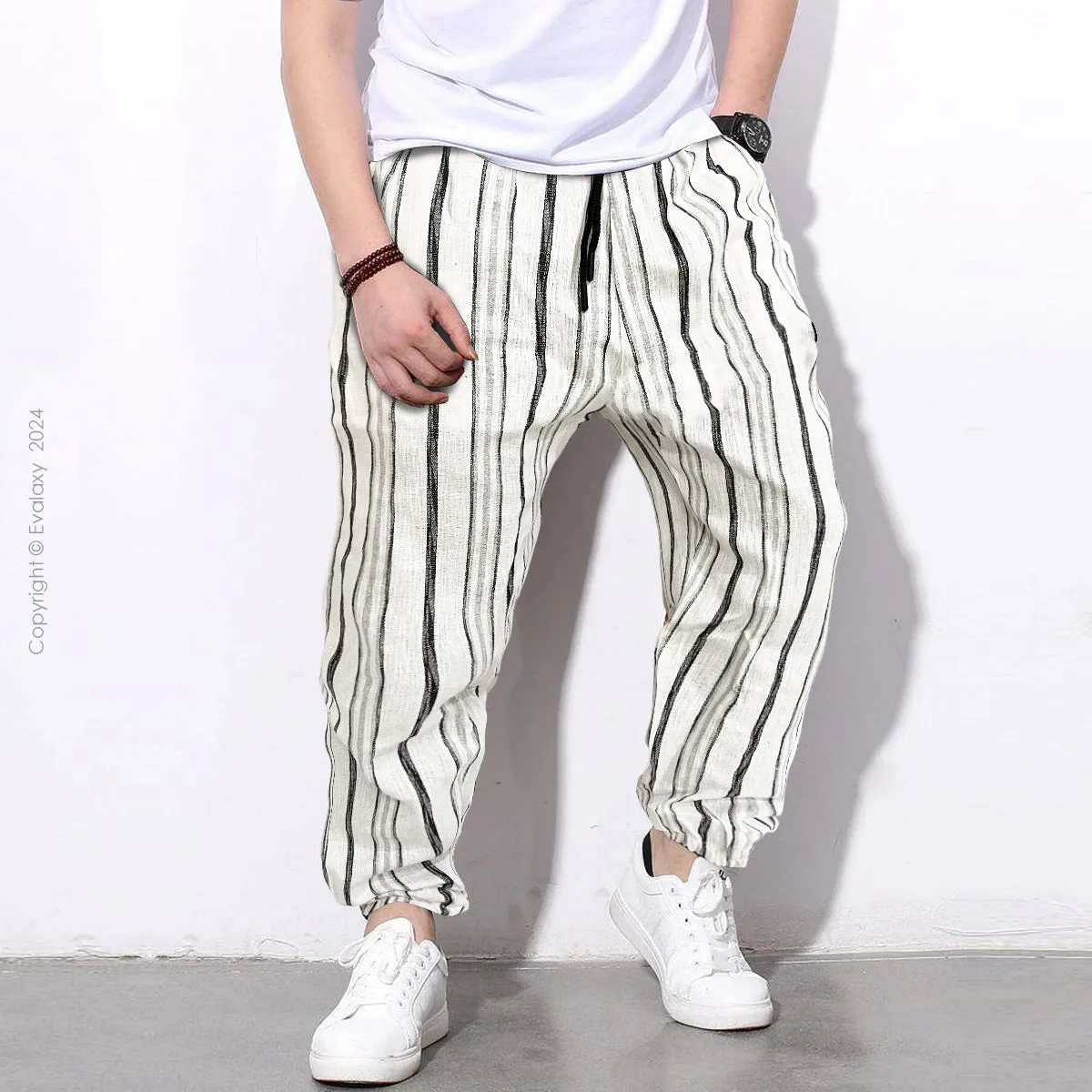 Loose White Stripped Premium Jogger Breathable Casual Harem Pants for Men & Women