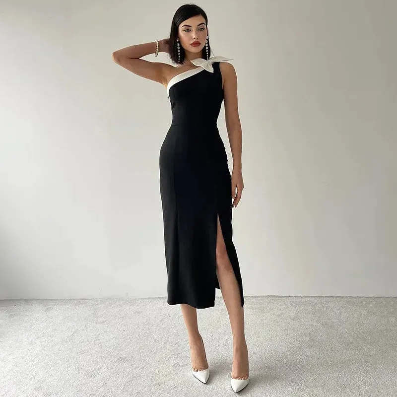 Maxi Contrast Skew Collar Bow Maxi Color Split Women's Sexy Dress Dress