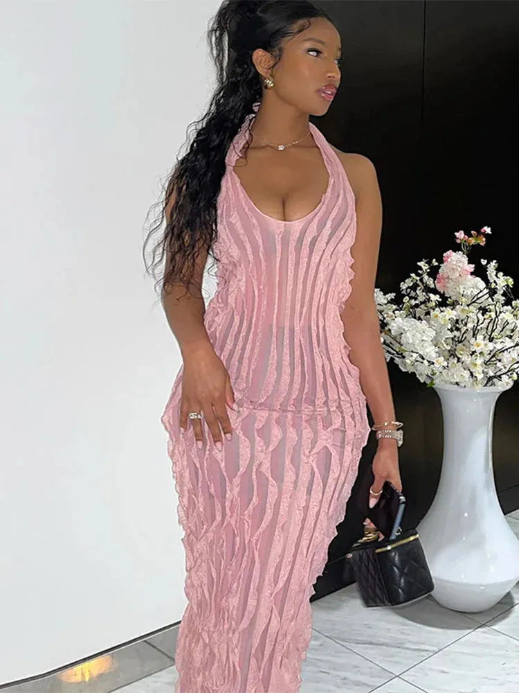 Maxi V Neck Through Maxi See Dresses Bodycon Women Backless Sleeveless Dress