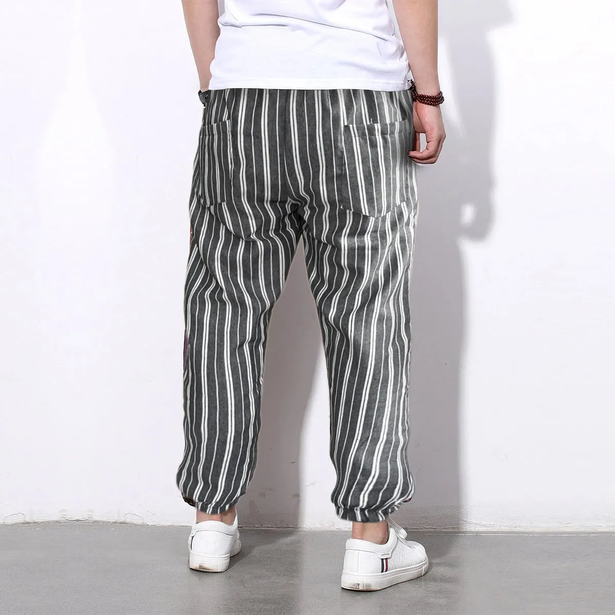 Men's Pants Loose Greyish And White Stripped Jogger Breathable Casual Harem Combo (Pack of 2)