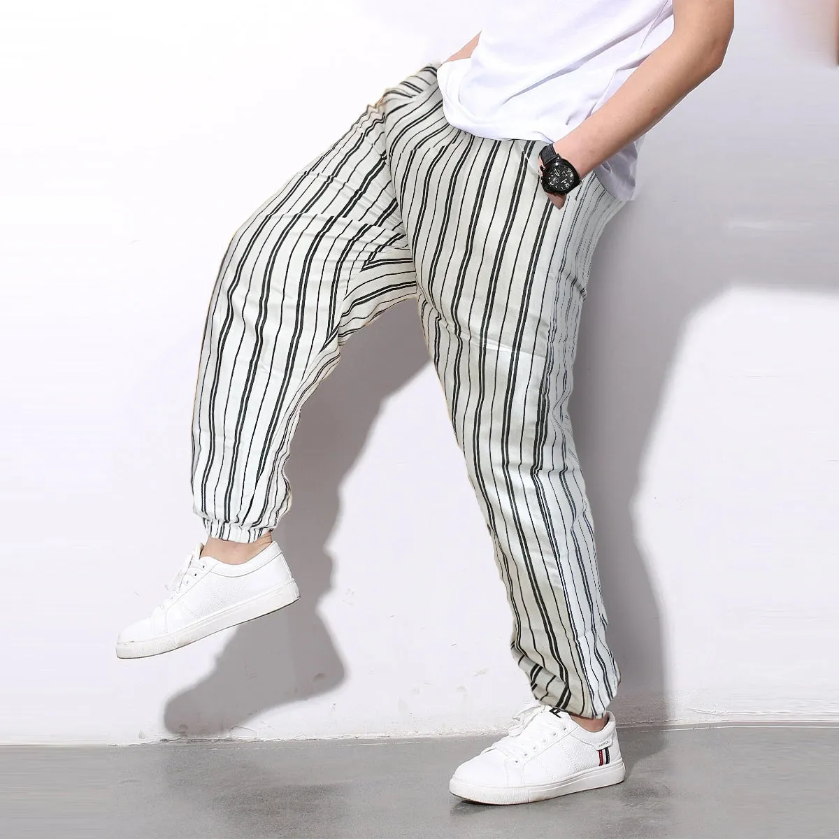 Men's Pants Loose Greyish And White Stripped Jogger Breathable Casual Harem Combo (Pack of 2)