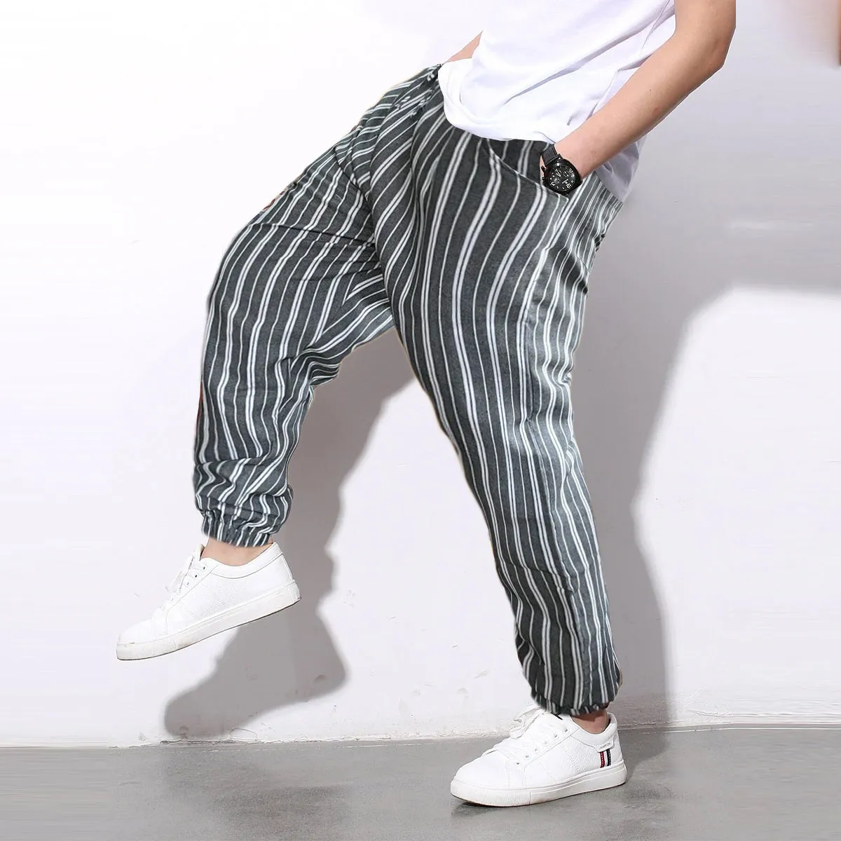 Men's Pants Loose Greyish And White Stripped Jogger Breathable Casual Harem Combo (Pack of 2)