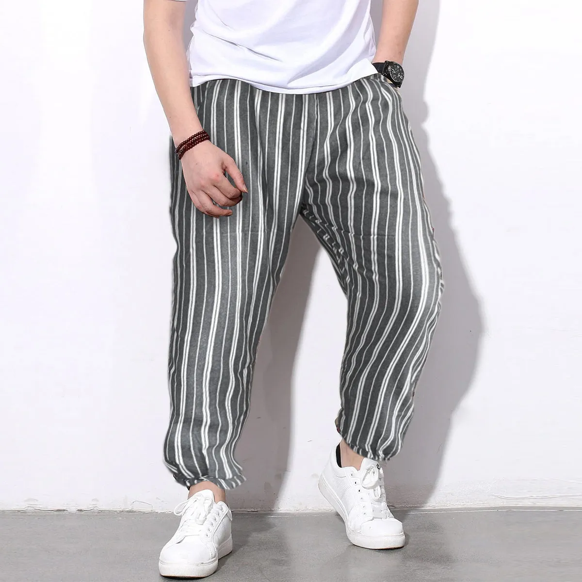 Men's Pants Loose Greyish And White Stripped Jogger Breathable Casual Harem Combo (Pack of 2)