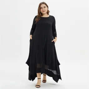 Plus Size O-Neck Tunic Casual Long Sleeve Lace Black Mesh Maxi Dress