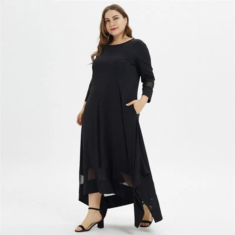 Plus Size O-Neck Tunic Casual Long Sleeve Lace Black Mesh Maxi Dress