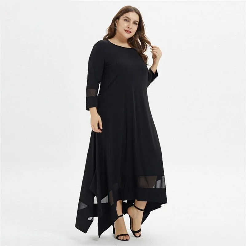 Plus Size O-Neck Tunic Casual Long Sleeve Lace Black Mesh Maxi Dress