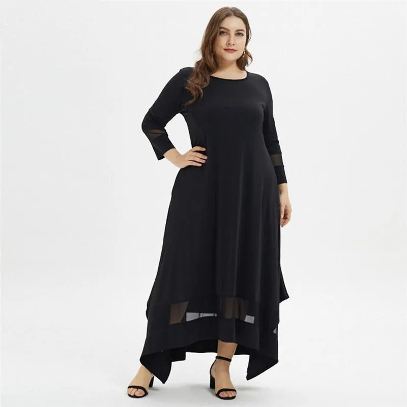 Plus Size O-Neck Tunic Casual Long Sleeve Lace Black Mesh Maxi Dress