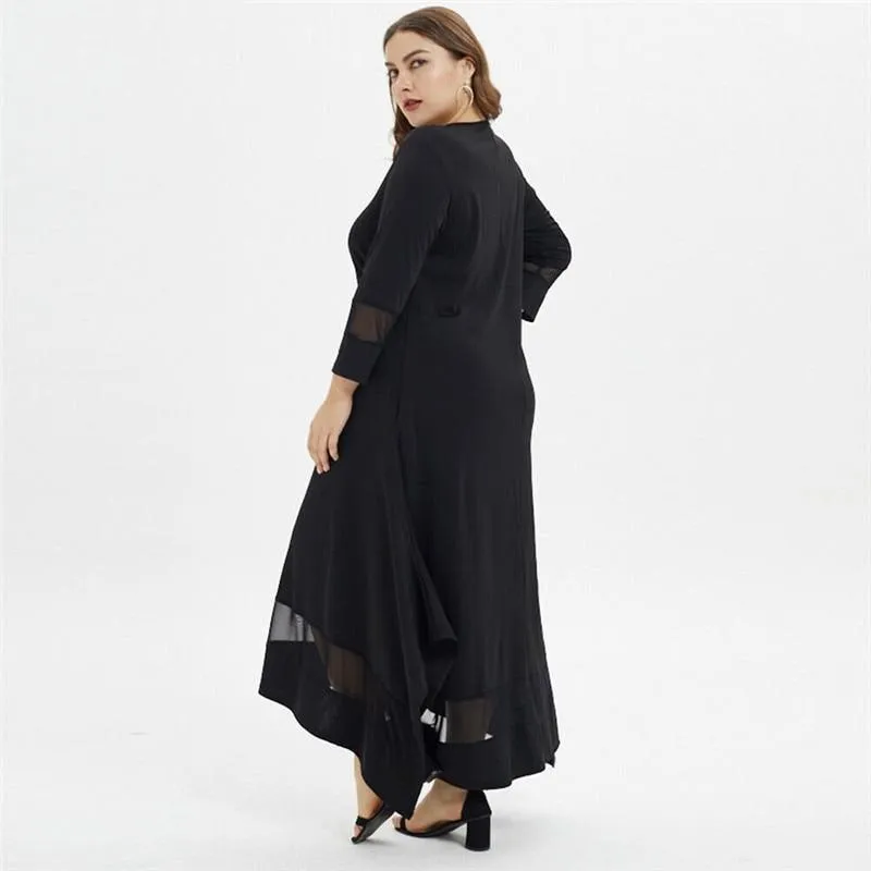 Plus Size O-Neck Tunic Casual Long Sleeve Lace Black Mesh Maxi Dress