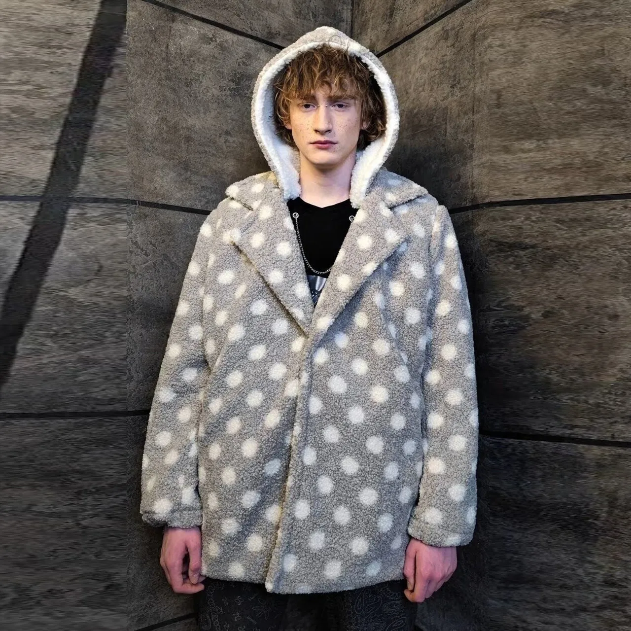 Polka dot fleece coat handmade 2in1 hood trench jacket grey