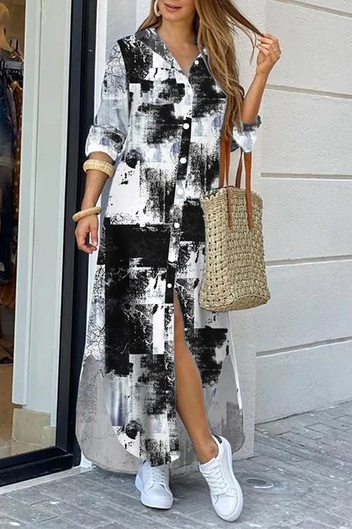 Print Button Long Sleeve Shirt Dress