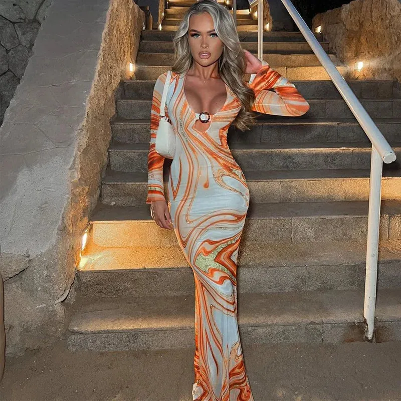 Printed Long Sleeve Deep V Bodycon Maxi Dress