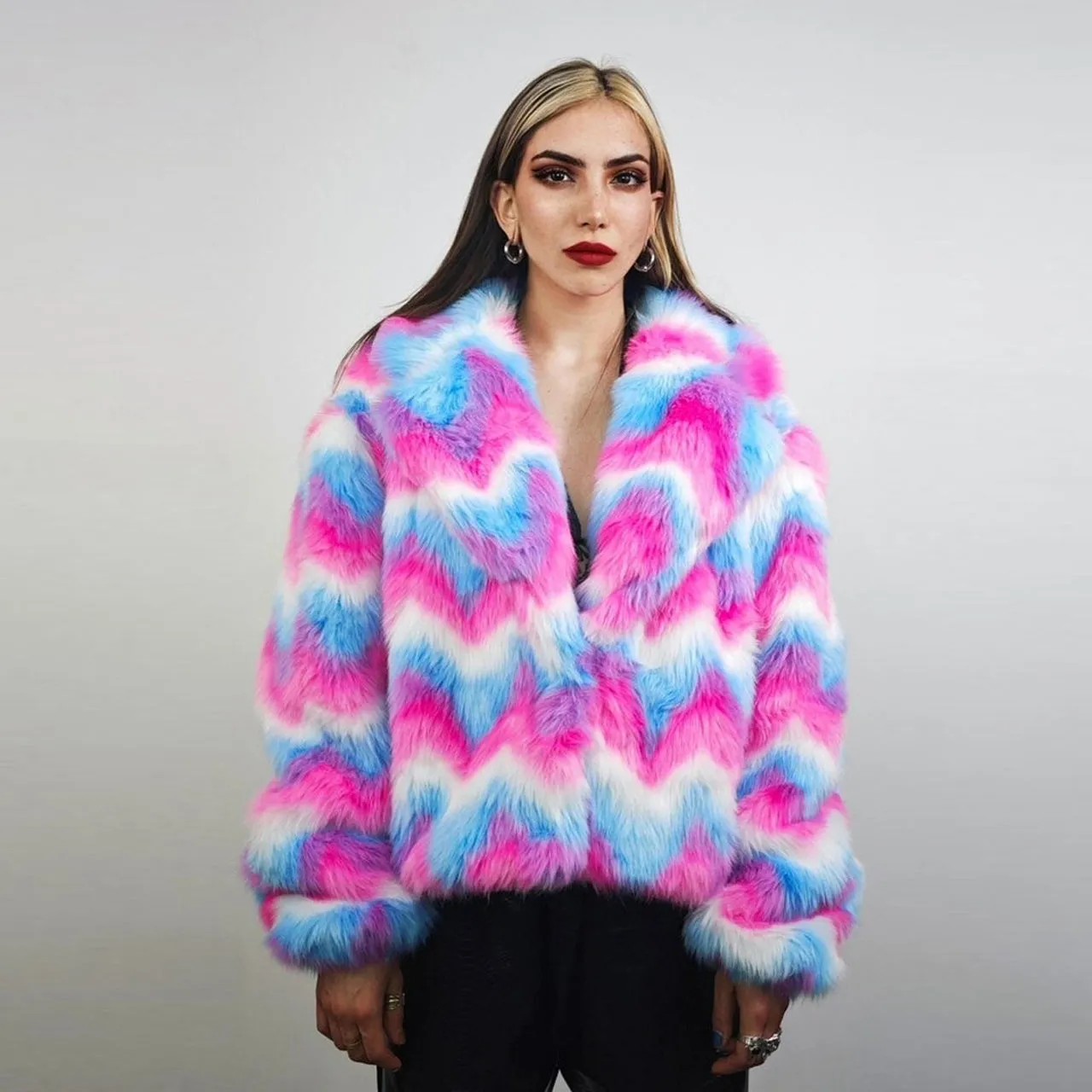 Rainbow faux fur coat crop striped trench festival zigzag