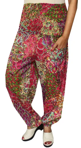 Rayon Womens Smocked Waist Hippie Harem Pants (Pink)