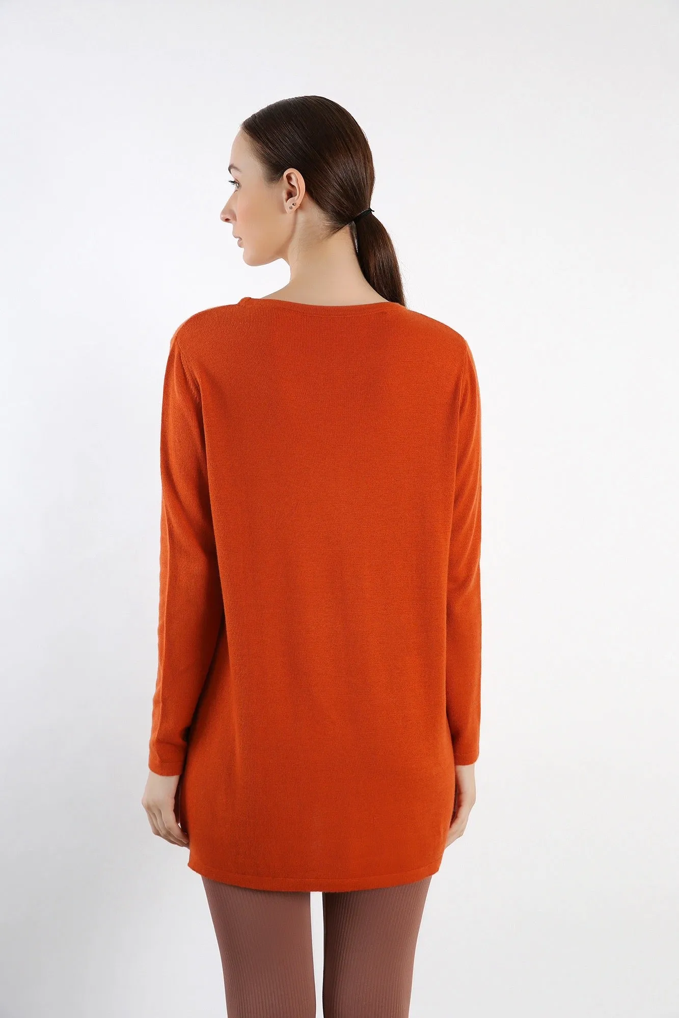 Round neck orange knitted pure Cashmere Sweater