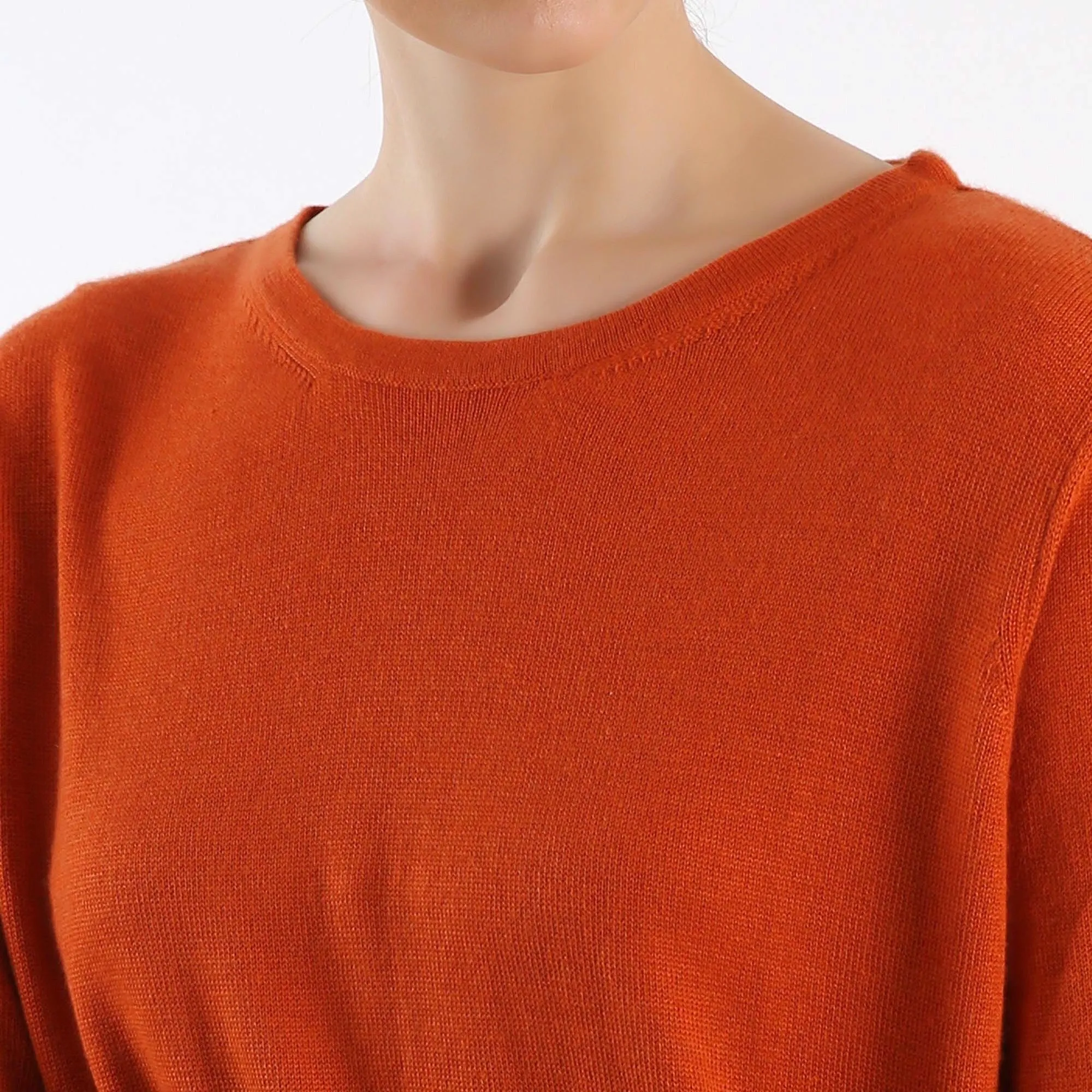 Round neck orange knitted pure Cashmere Sweater