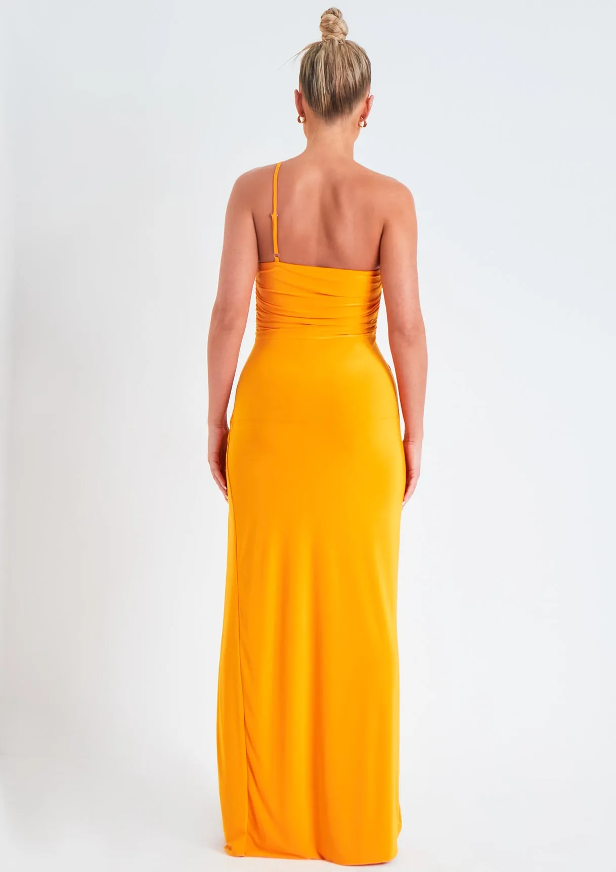 Saffy Orange Asymmetric Strap Maxi Dress With Split