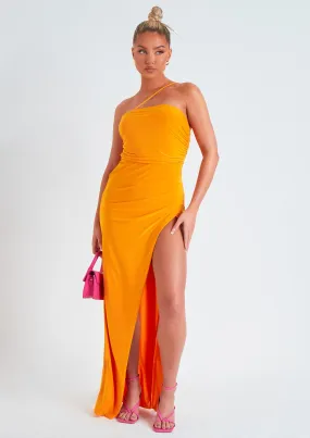 Saffy Orange Asymmetric Strap Maxi Dress With Split