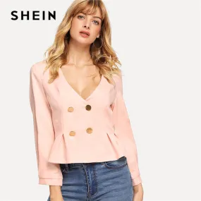 SHEIN Pink Elegant Office Lady Double Button Pleated Ruffle V neck Solid Blazer 2018 Autumn Highstreet Women Coat And Outerwear