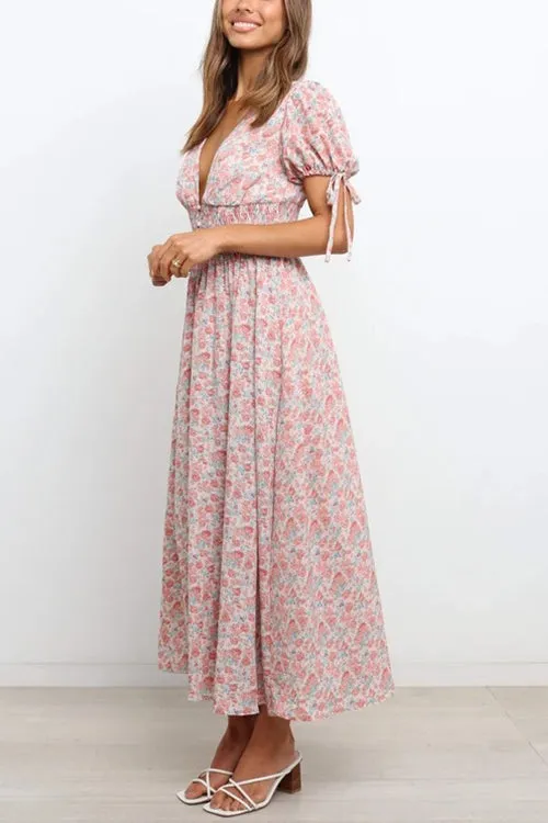 Shirred Waist V Neck Maxi Dress