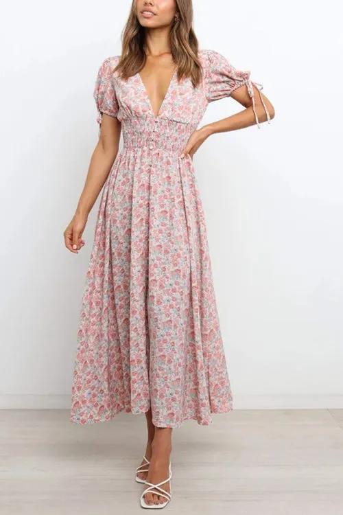 Shirred Waist V Neck Maxi Dress