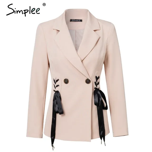 Simplee Autumn OL double breasted suit coat Elegant side tie up cool winter outwear V neck short coat office lady 2018