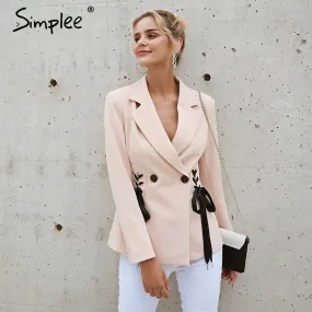 Simplee Autumn OL double breasted suit coat Elegant side tie up cool winter outwear V neck short coat office lady 2018