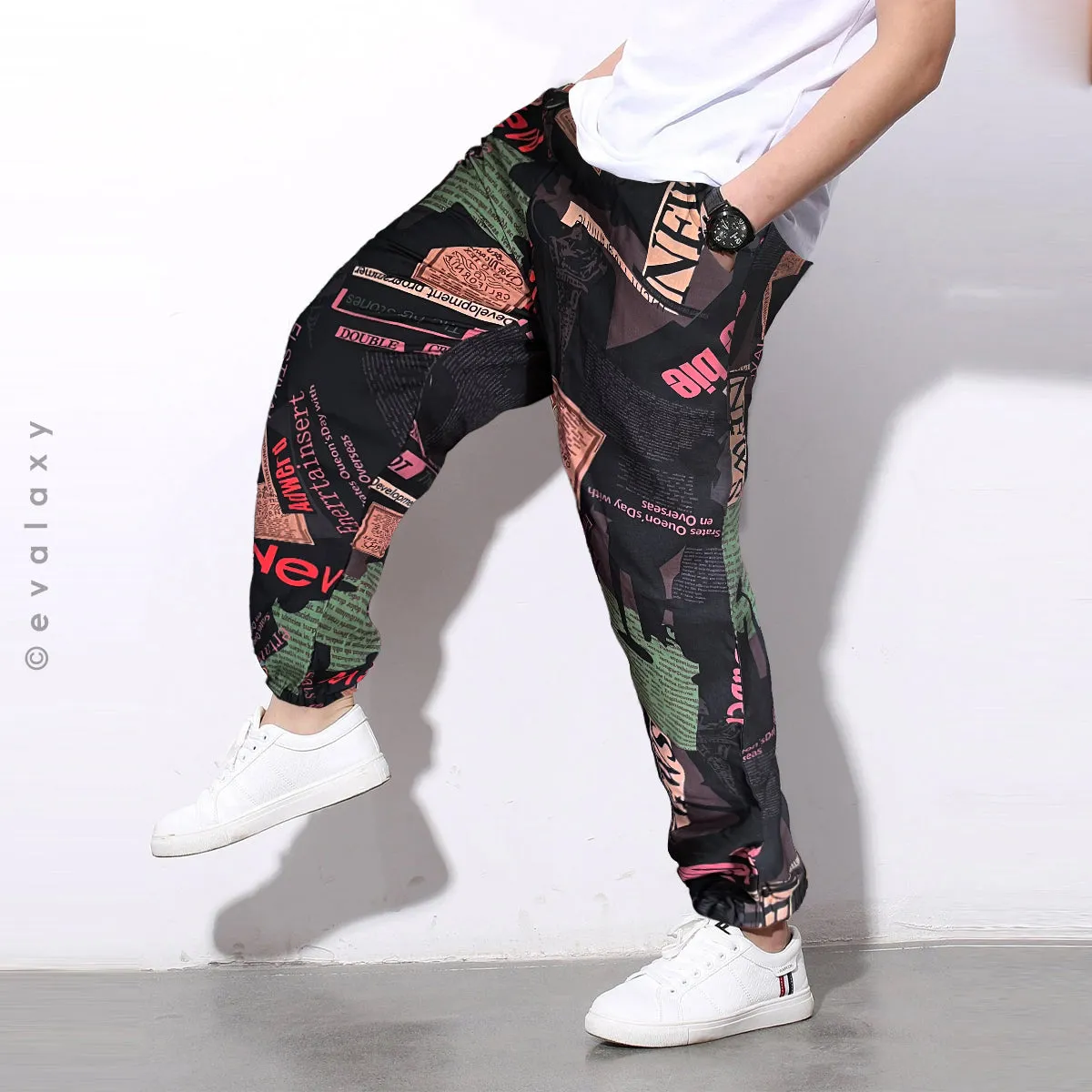 Stylish Loose Geomatric & Black News Text Prints Jogger Breathable Casual Harem Combo (Pack of 2)