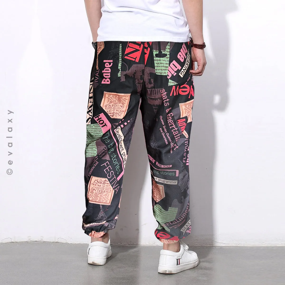 Stylish Loose Geomatric & Black News Text Prints Jogger Breathable Casual Harem Combo (Pack of 2)