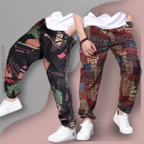 Stylish Loose Geomatric & Black News Text Prints Jogger Breathable Casual Harem Combo (Pack of 2)