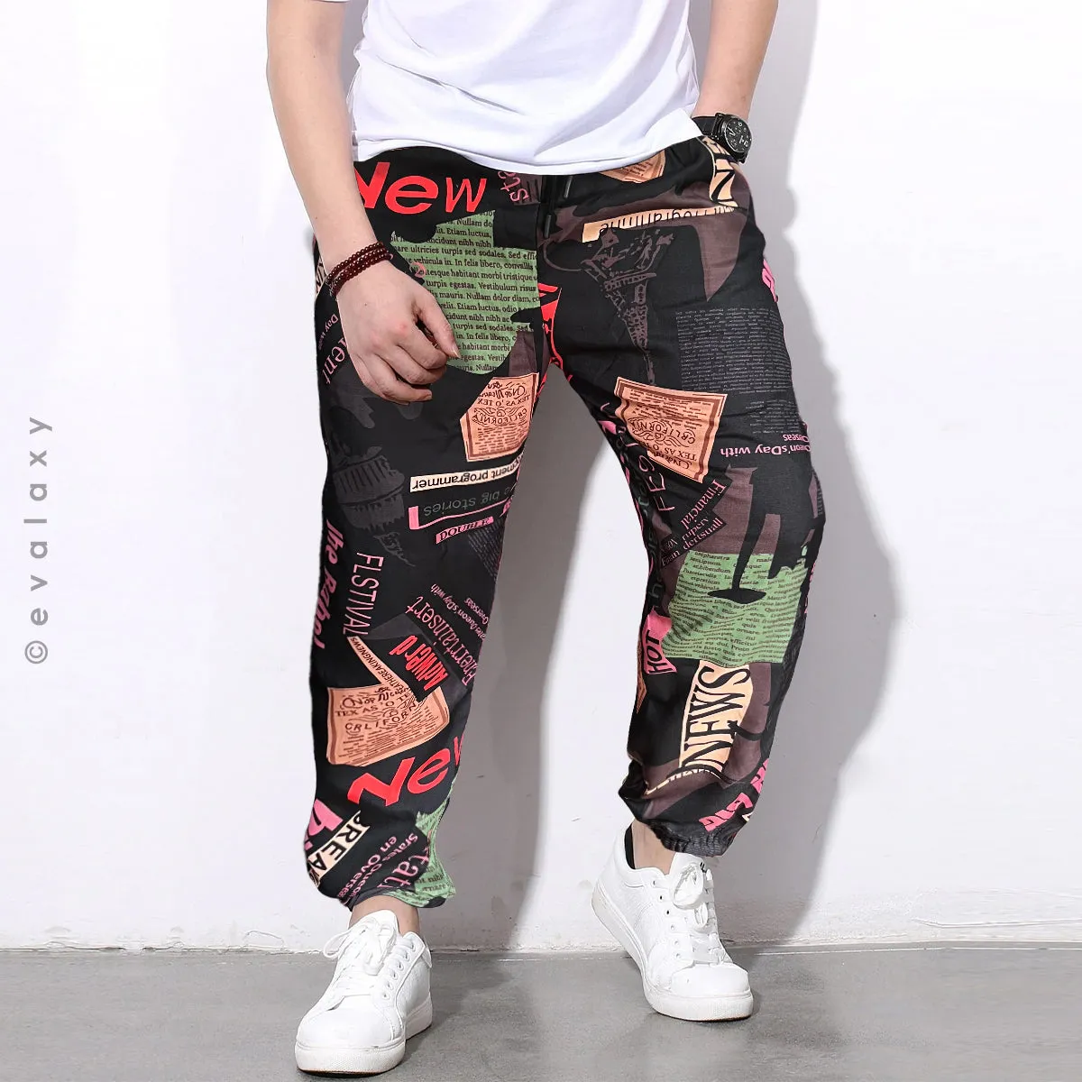 Stylish Loose Geomatric & Black News Text Prints Jogger Breathable Casual Harem Combo (Pack of 2)