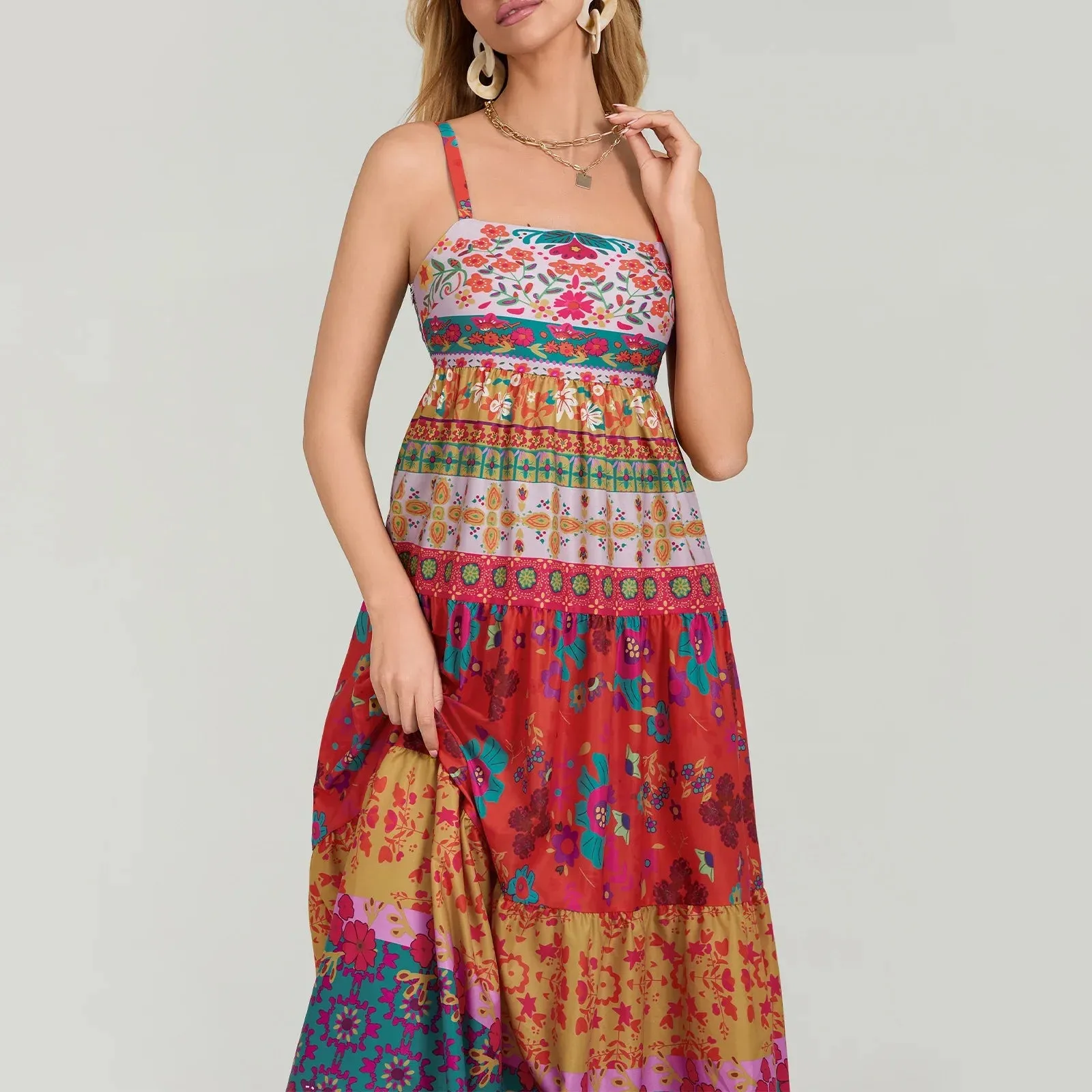 Summer Cami Flower Print Square Neck Sleeveless Backless Loose Party Club Maxi Boho Dress