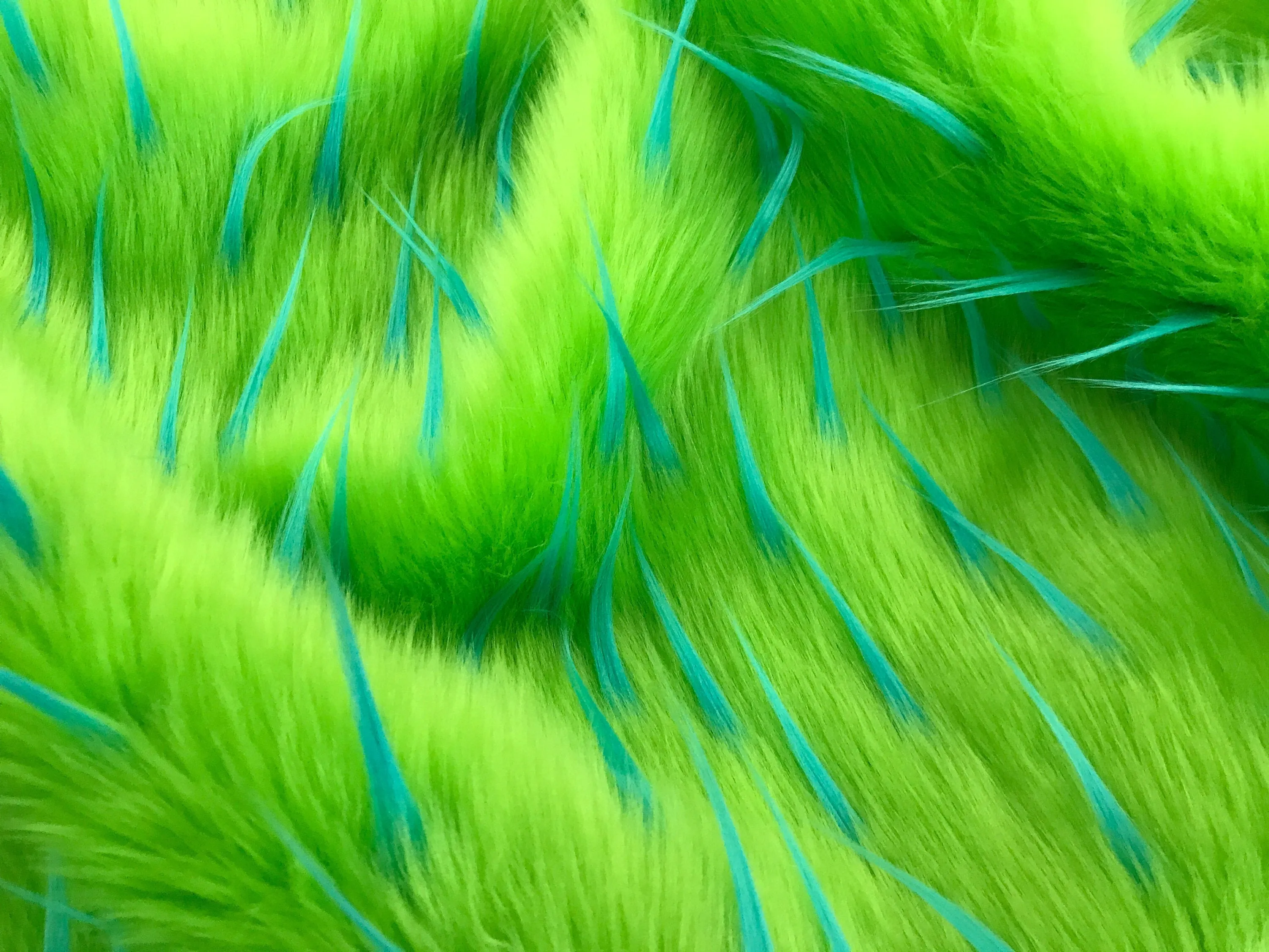 Turquoise spikes on a green faux fun fur-multi color-60" wide-fashion-decorations-jackets-apparel-upholstery-sold by the yard.