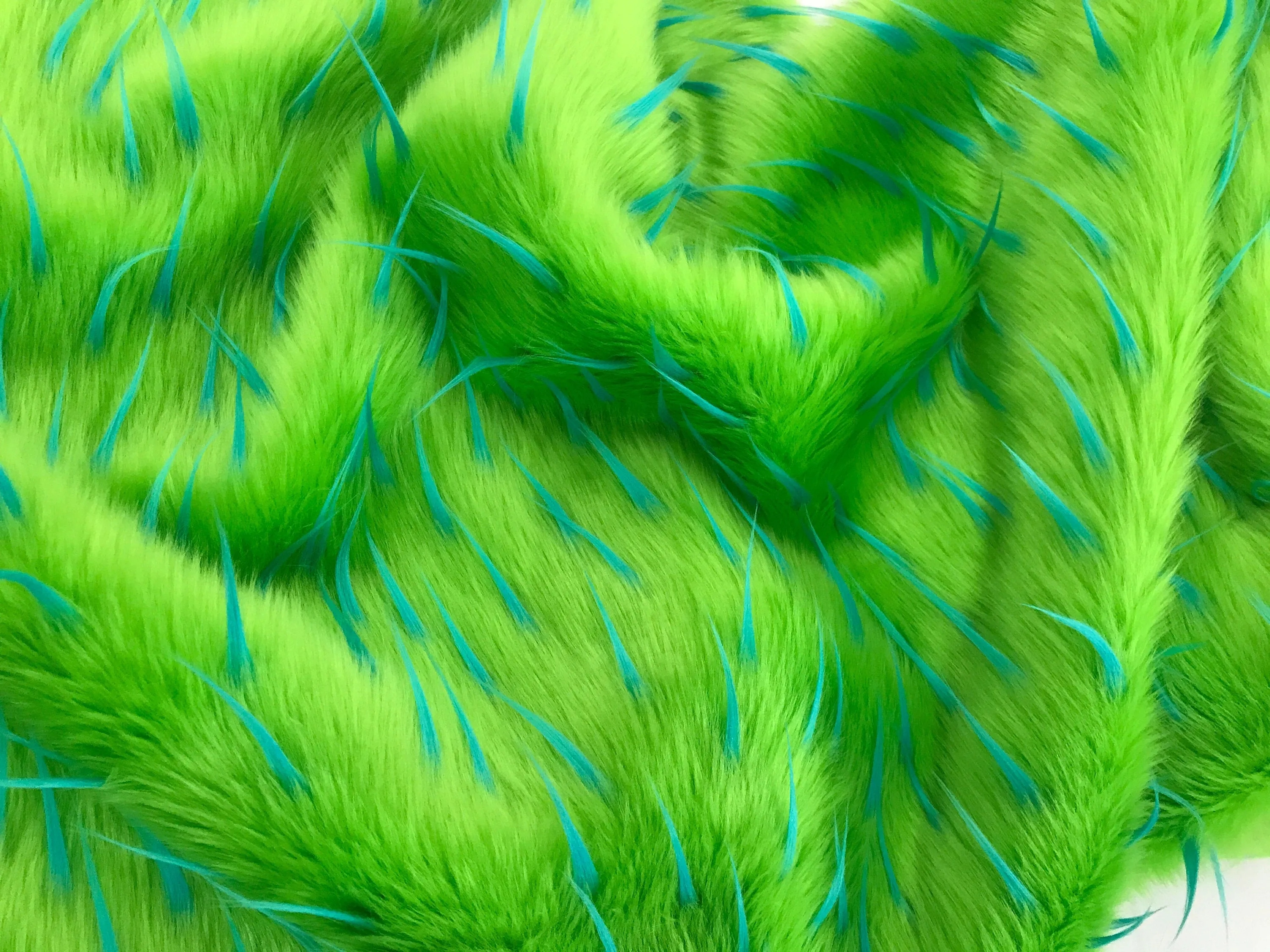 Turquoise spikes on a green faux fun fur-multi color-60" wide-fashion-decorations-jackets-apparel-upholstery-sold by the yard.