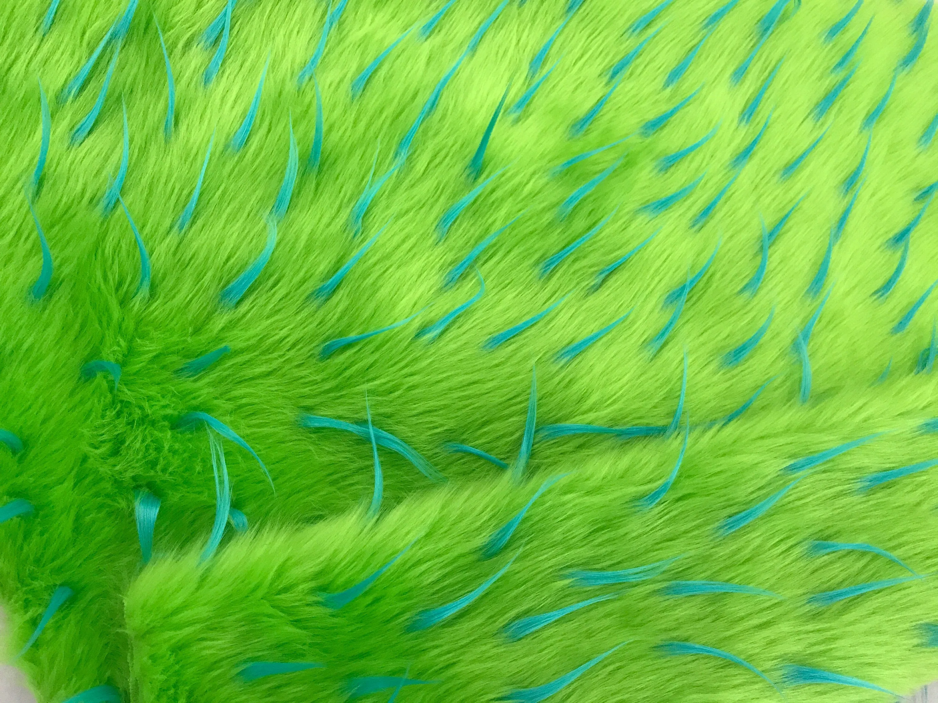 Turquoise spikes on a green faux fun fur-multi color-60" wide-fashion-decorations-jackets-apparel-upholstery-sold by the yard.