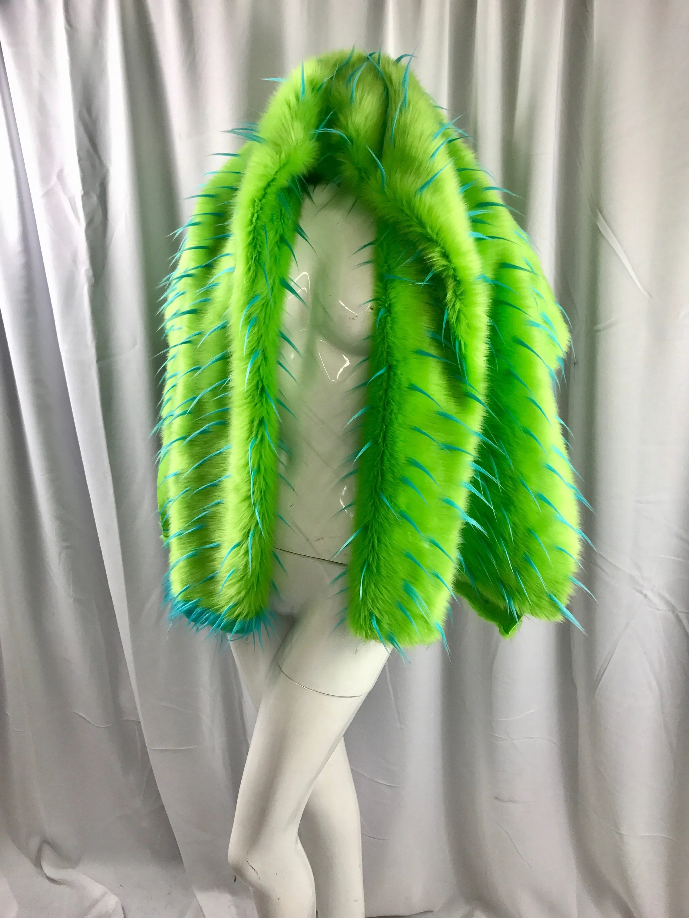 Turquoise spikes on a green faux fun fur-multi color-60" wide-fashion-decorations-jackets-apparel-upholstery-sold by the yard.