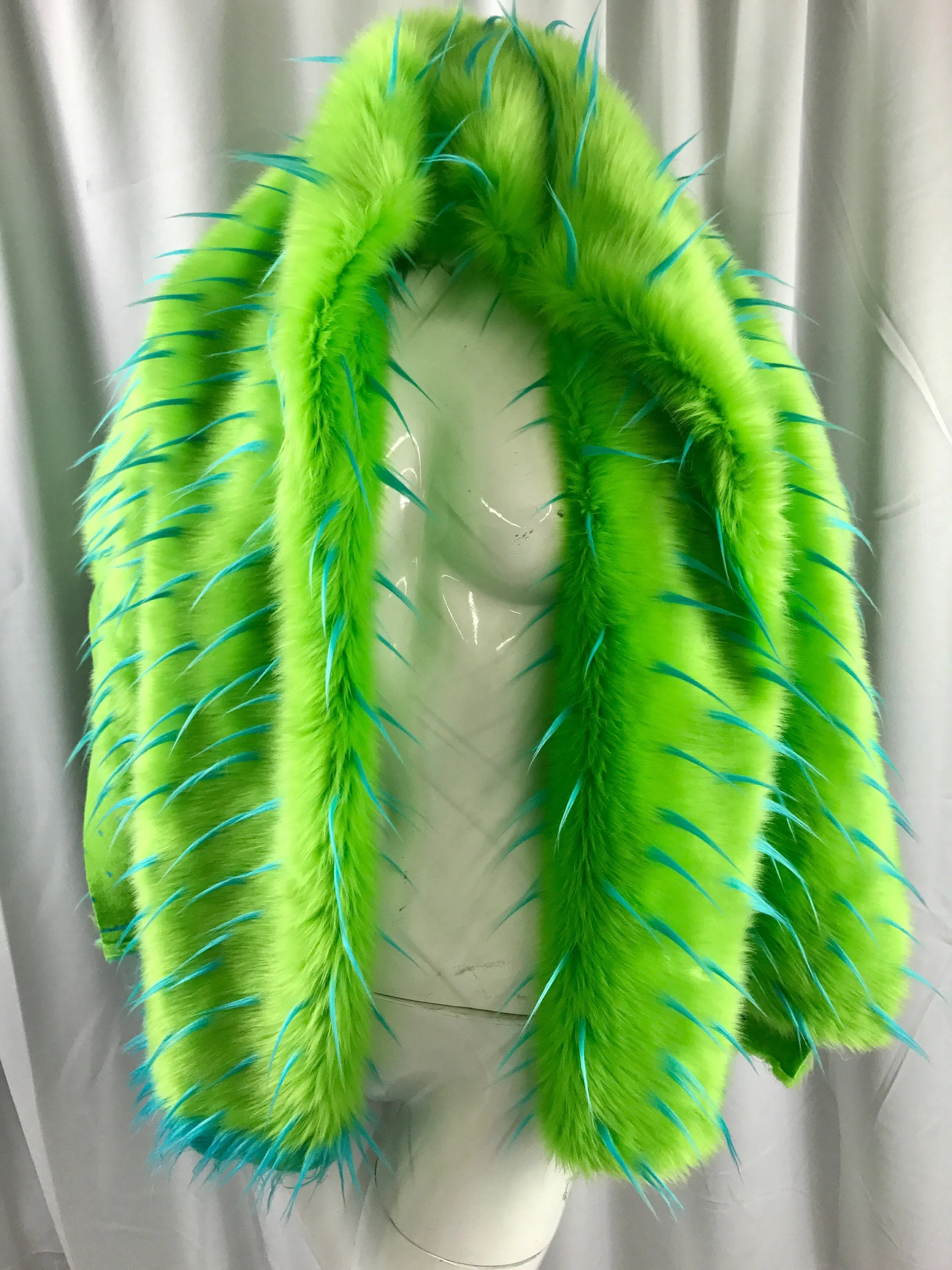 Turquoise spikes on a green faux fun fur-multi color-60" wide-fashion-decorations-jackets-apparel-upholstery-sold by the yard.