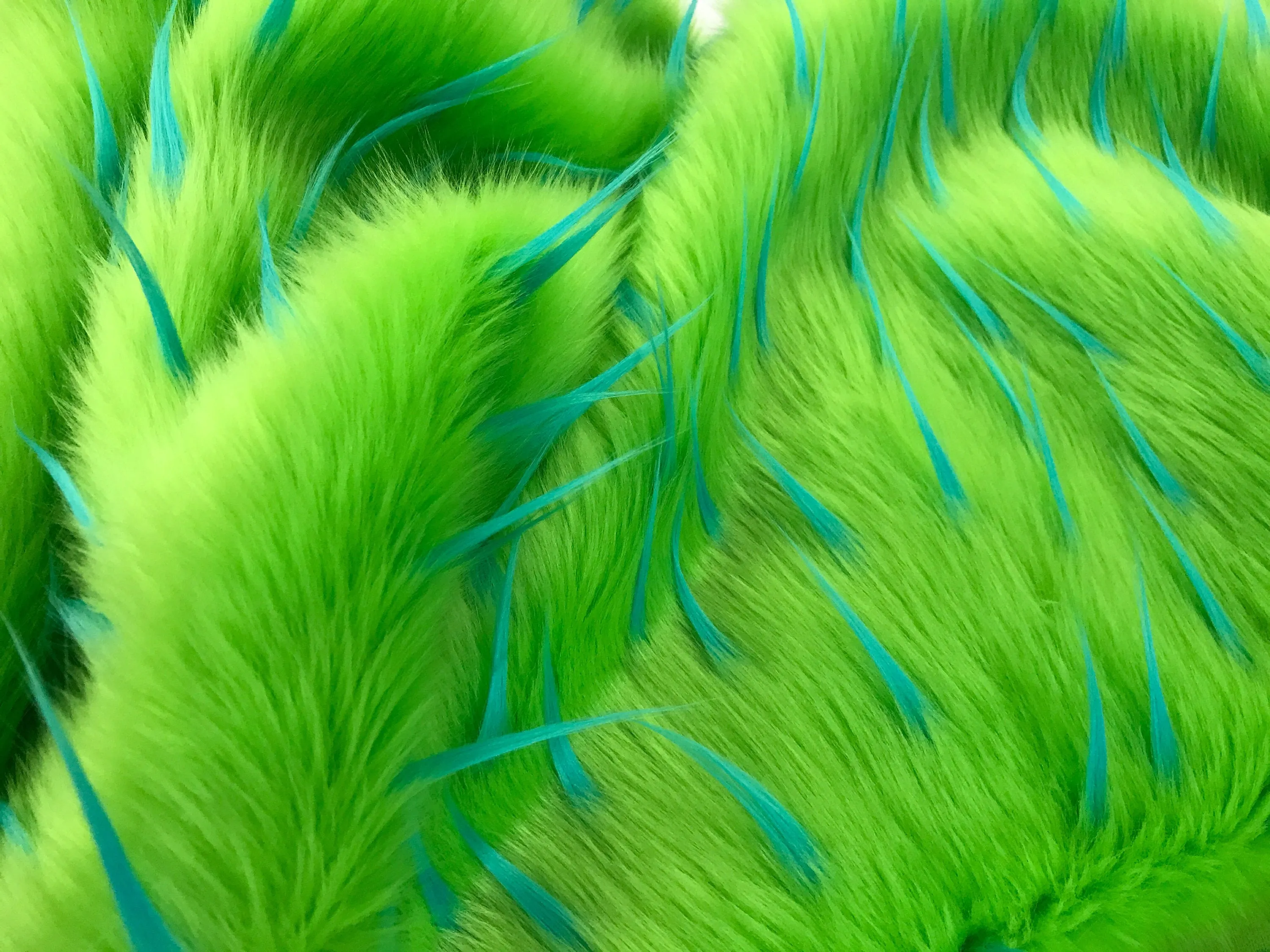 Turquoise spikes on a green faux fun fur-multi color-60" wide-fashion-decorations-jackets-apparel-upholstery-sold by the yard.