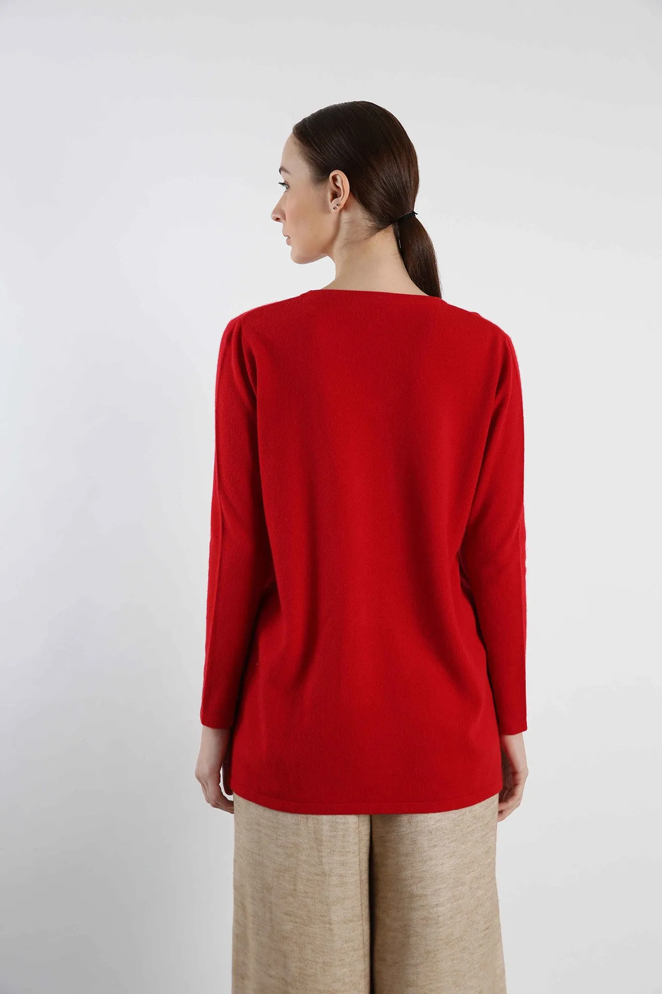 V Neck Pure Cashmere Sweater - Red