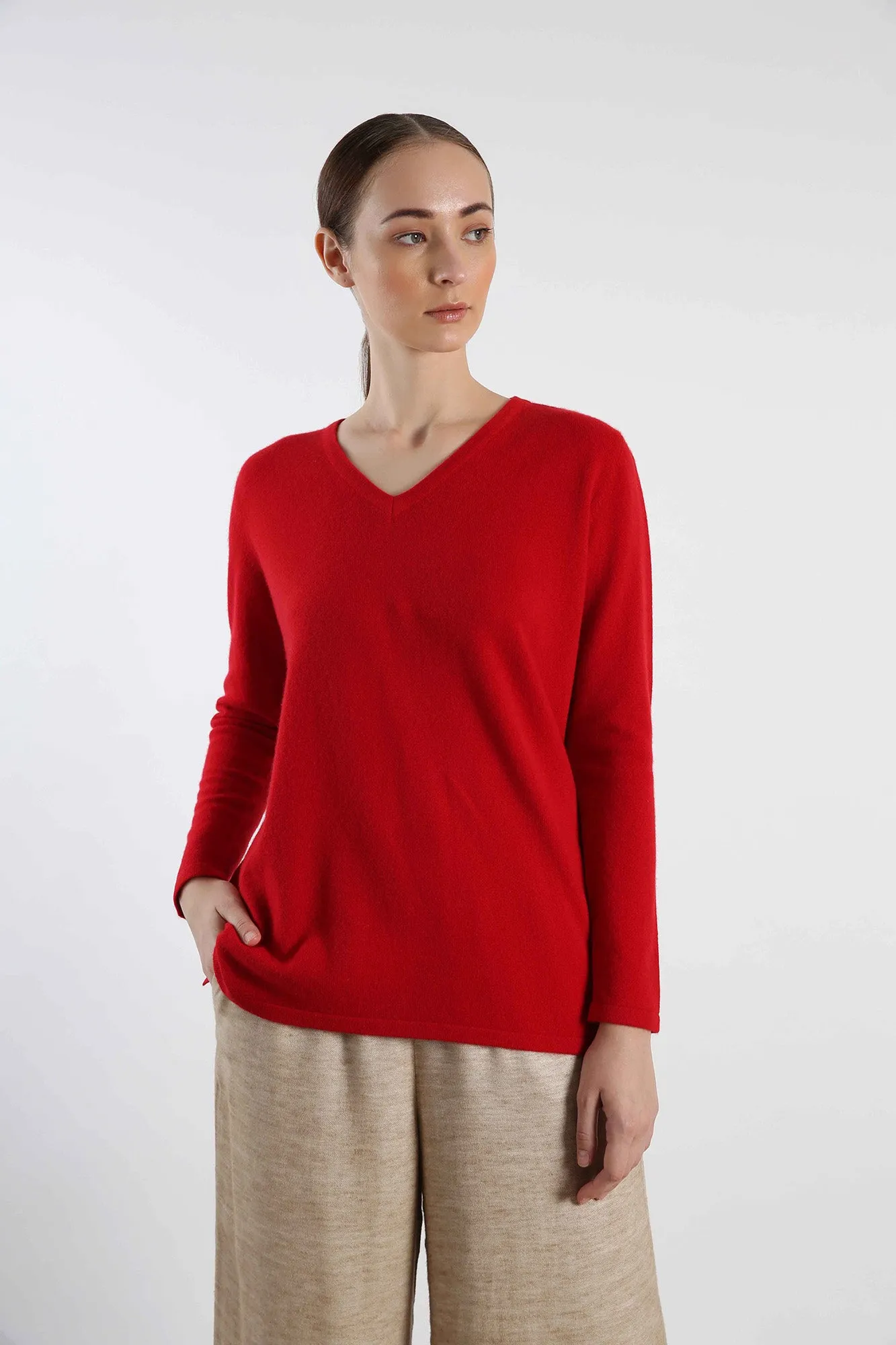 V Neck Pure Cashmere Sweater - Red