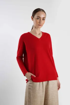 V Neck Pure Cashmere Sweater - Red