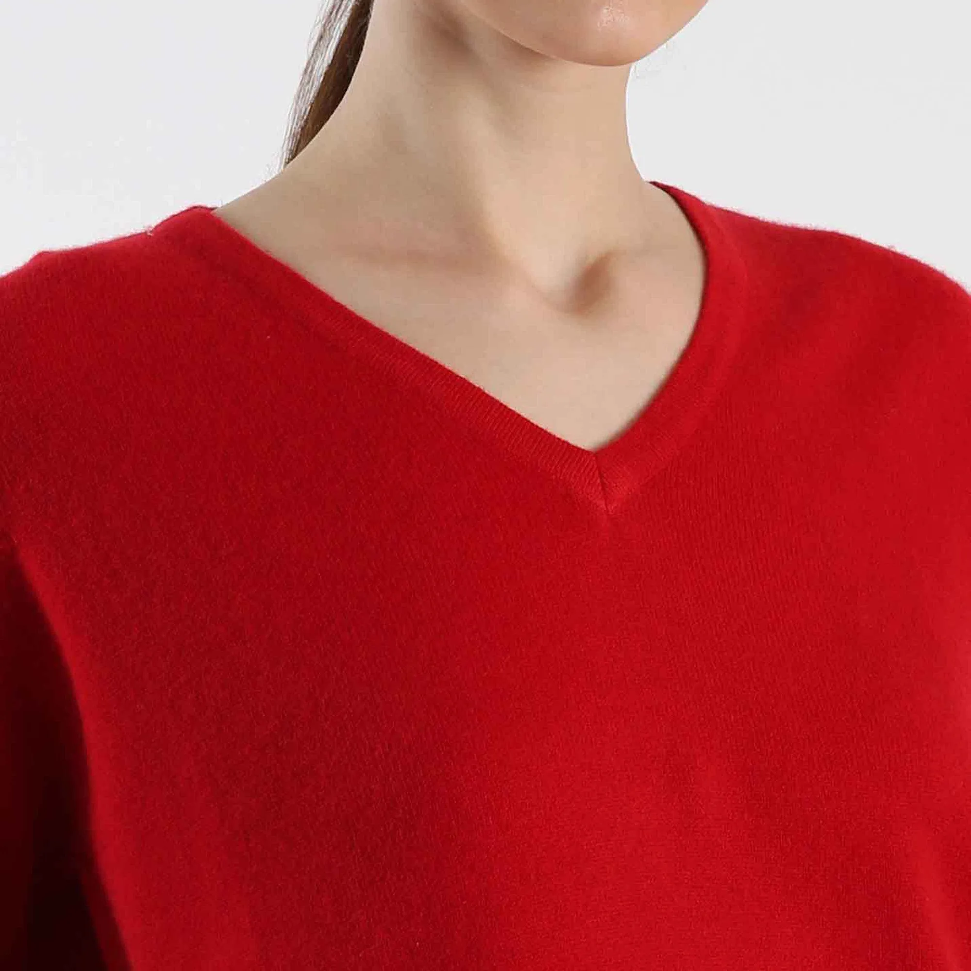 V Neck Pure Cashmere Sweater - Red