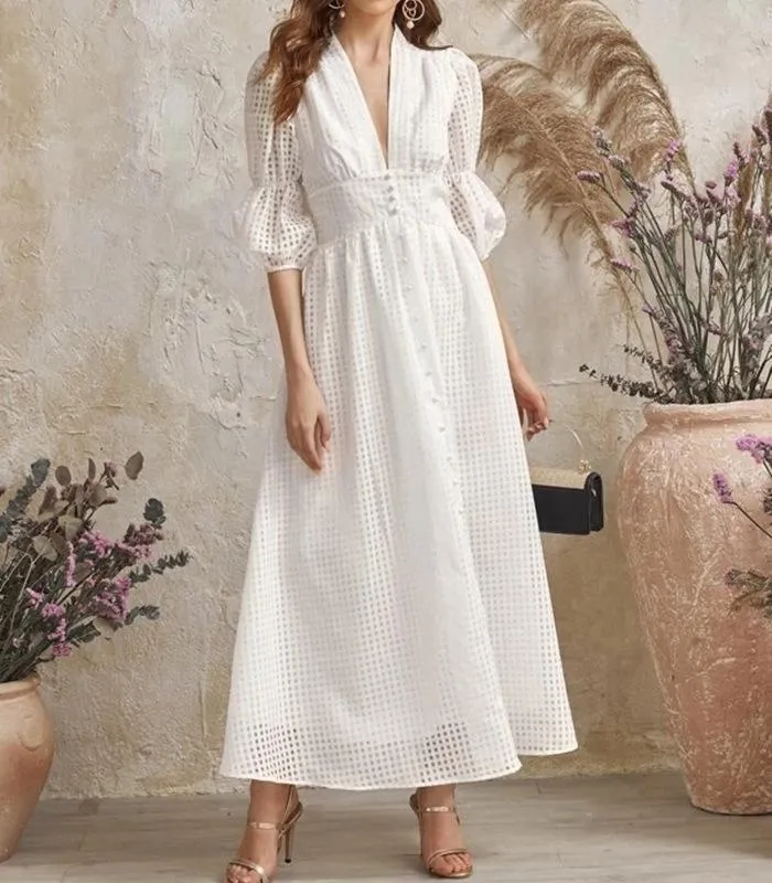 White Classy High Waist Plaid Long Dresses