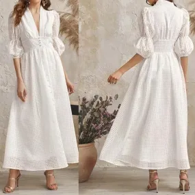 White Classy High Waist Plaid Long Dresses