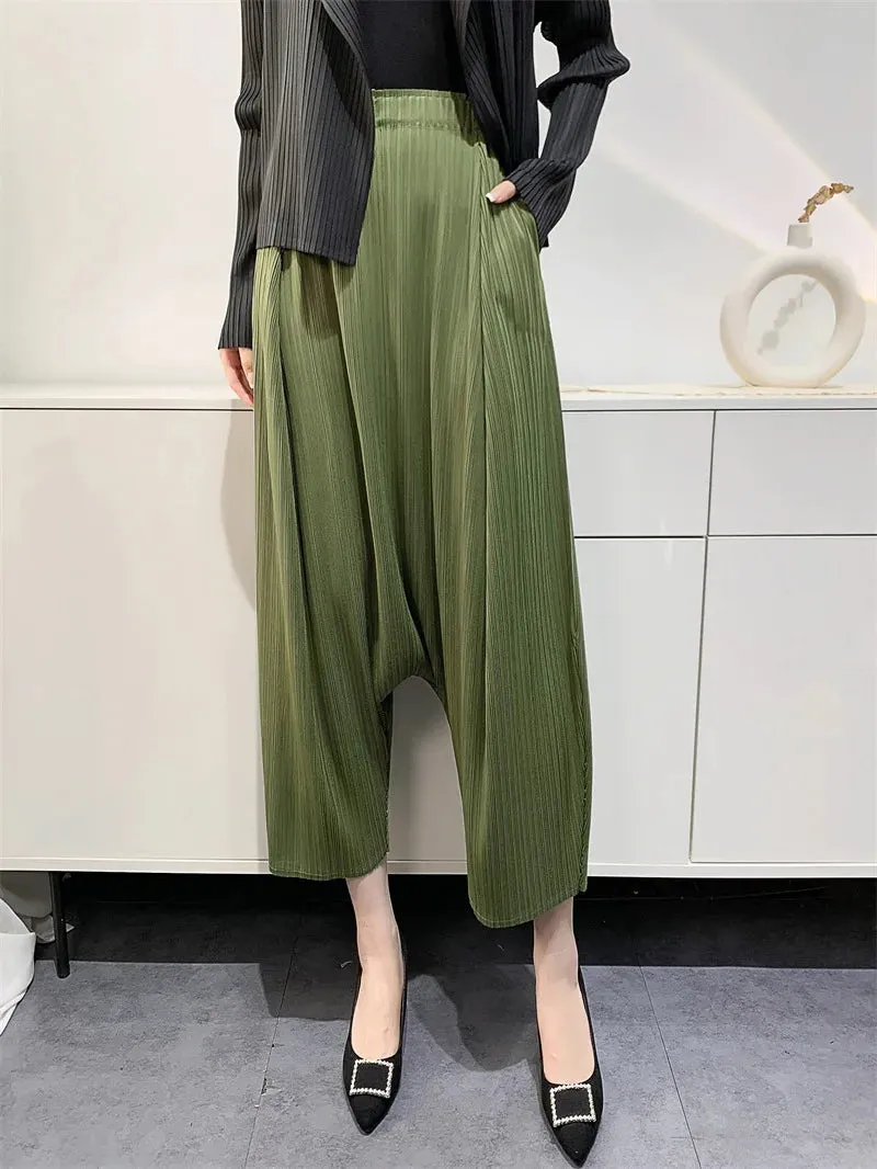 Women Pleated High Waist Wide Leg Harem Trousers